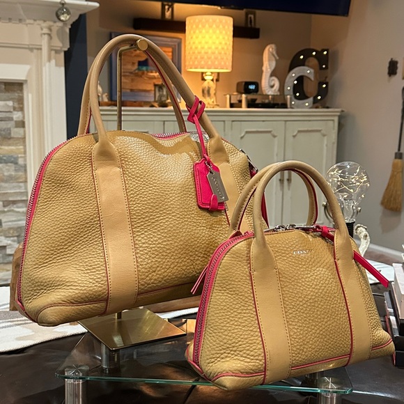 Coach Handbags - Coach Tan Leather Satchel with Pink Trim (Set of 2)